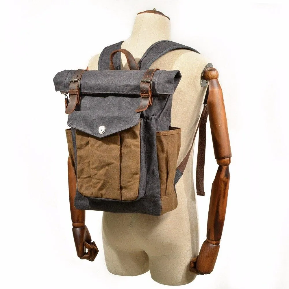 Large Capacity Waterproof Oil Waxed Canvas Leather Rucksack Backpack