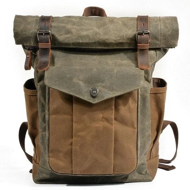 Large Capacity Waterproof Oil Waxed Canvas Leather Rucksack Backpack