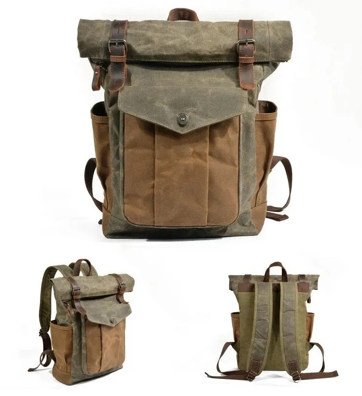 Large Capacity Waterproof Oil Waxed Canvas Leather Rucksack Backpack