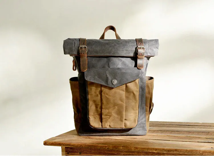 Large Capacity Waterproof Oil Waxed Canvas Leather Rucksack Backpack