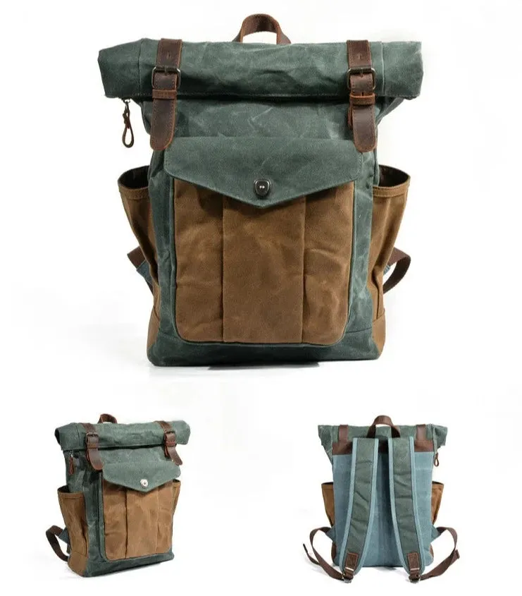Large Capacity Waterproof Oil Waxed Canvas Leather Rucksack Backpack