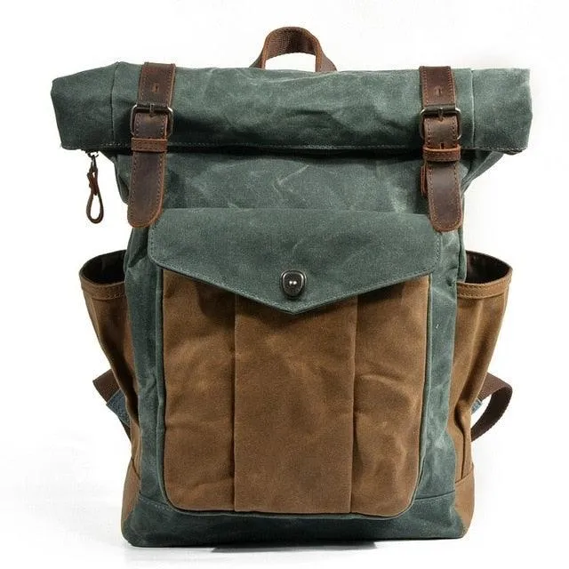 Large Capacity Waterproof Oil Waxed Canvas Leather Rucksack Backpack