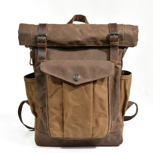 Large Capacity Waterproof Oil Waxed Canvas Leather Rucksack Backpack