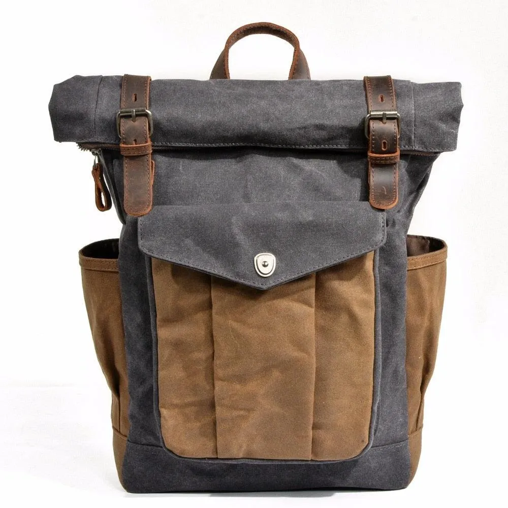 Large Capacity Waterproof Oil Waxed Canvas Leather Rucksack Backpack