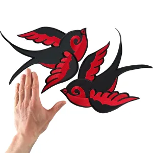 Large Pair Of Symmetrical Mirrored Red Black Swallow Bird Patches Iron Sew On Big Embroidered Badges