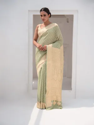 Moss Green Pure Crush Tissue Silk Handloom Banarasi Saree