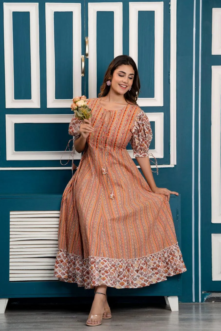 Multicolor Abstract Printed Maxi Dress with Keyhole Neck