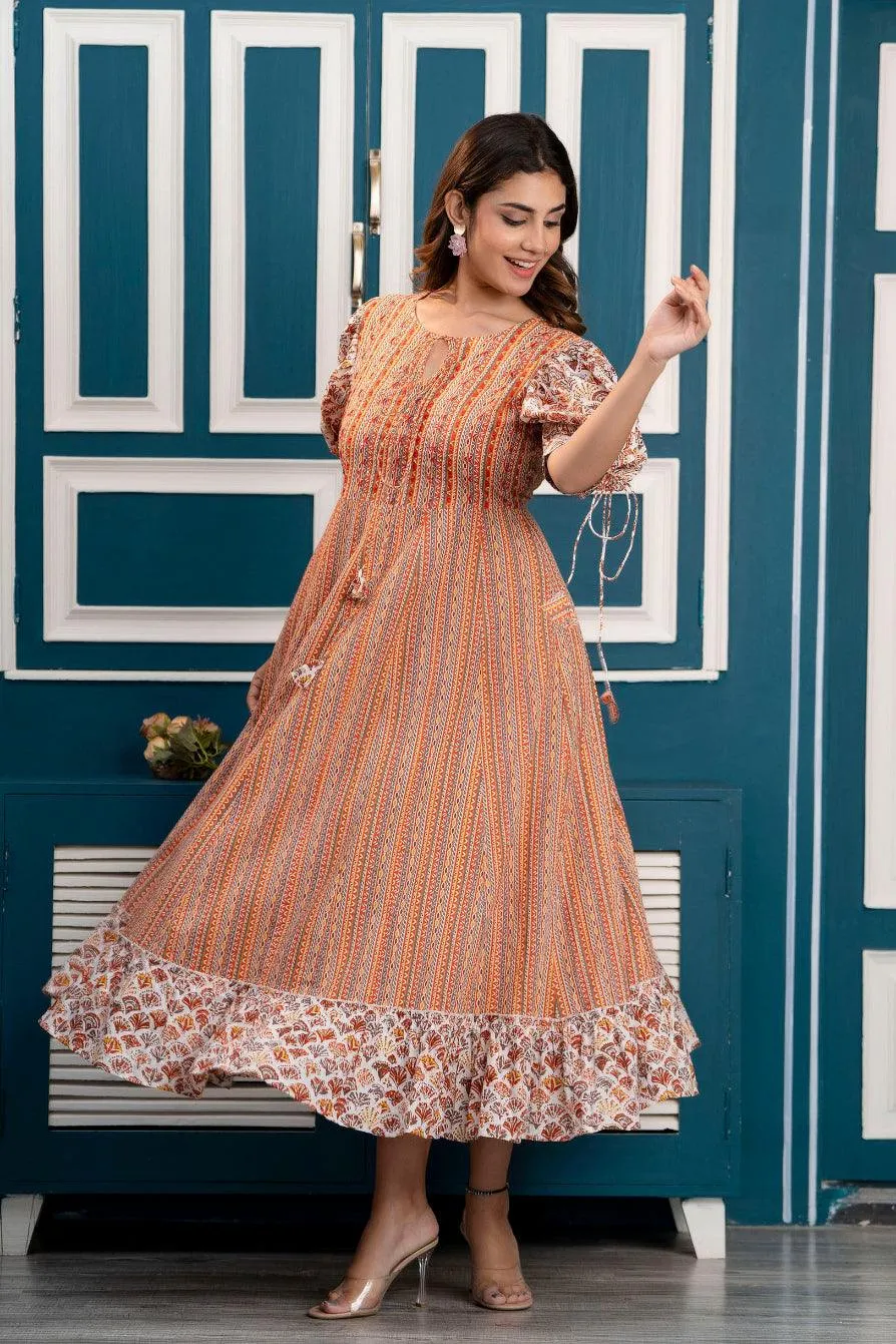 Multicolor Abstract Printed Maxi Dress with Keyhole Neck