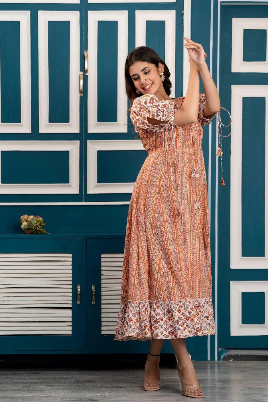 Multicolor Abstract Printed Maxi Dress with Keyhole Neck