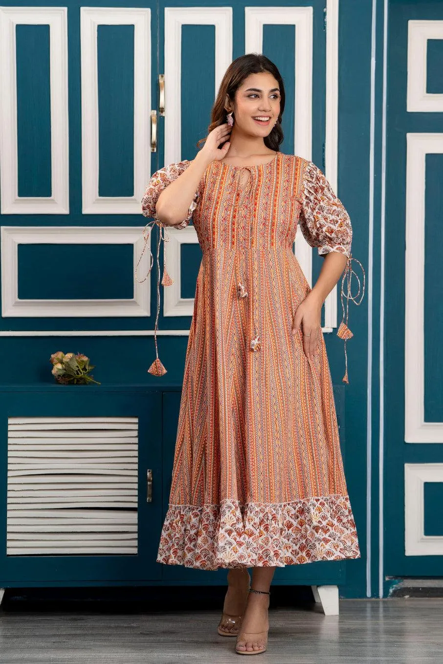 Multicolor Abstract Printed Maxi Dress with Keyhole Neck