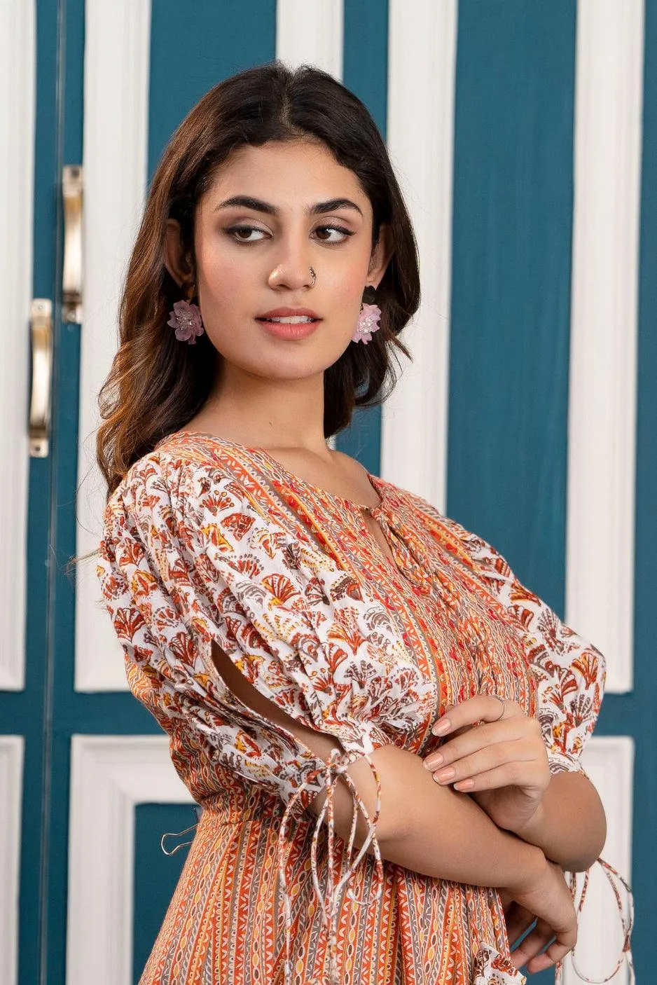 Multicolor Abstract Printed Maxi Dress with Keyhole Neck