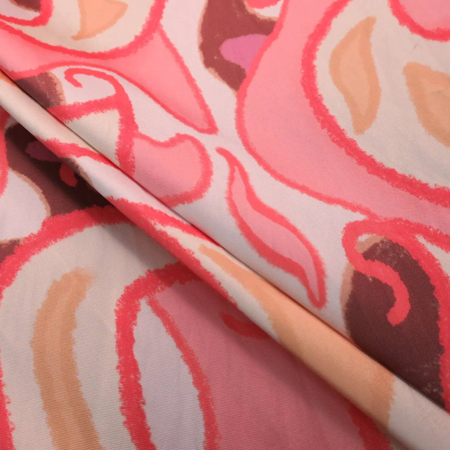 Pink Abstract on White Printed Polyester Mikado Fabric
