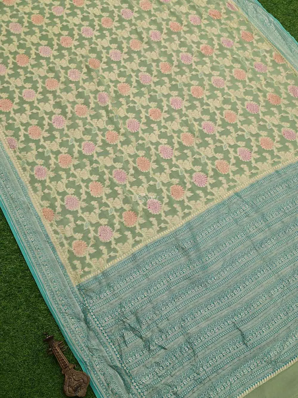 Pista Green Rangkat Georgette Handloom Banarasi Saree