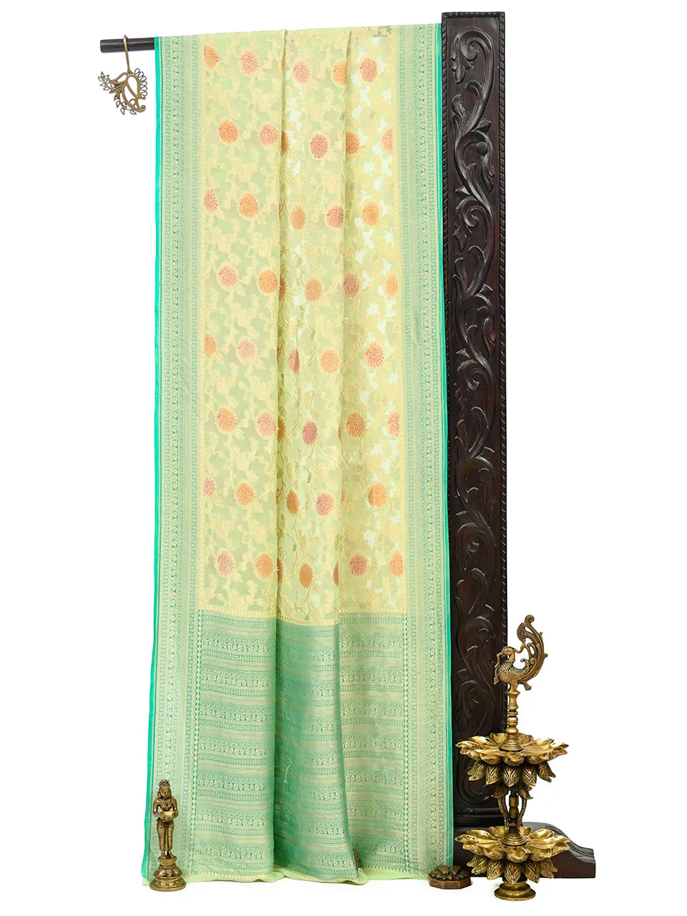 Pista Green Rangkat Georgette Handloom Banarasi Saree