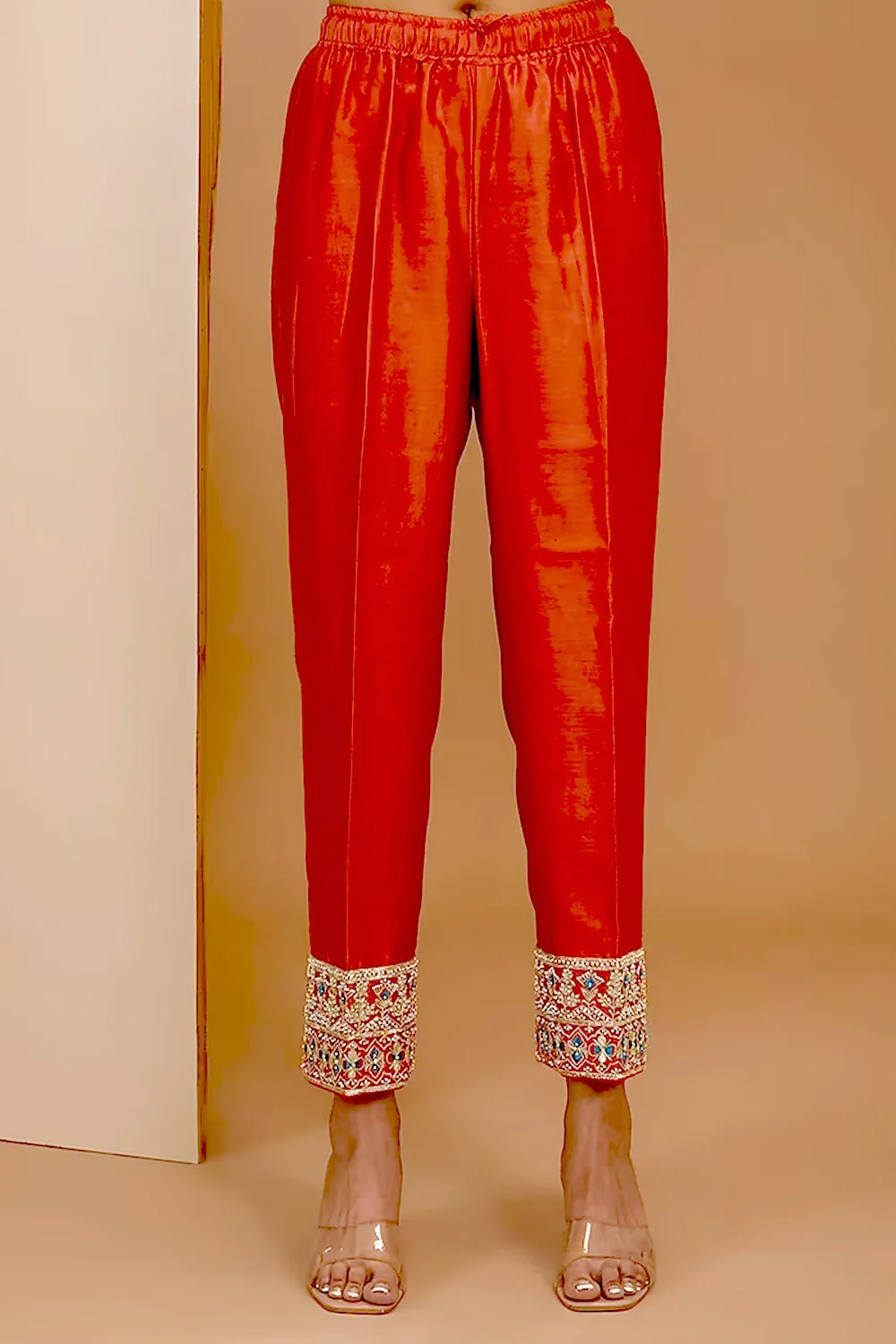 Red Color Hand Embroidered Silk Kurta Set