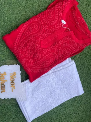 Red Soft Pure Viscose Chikankari Kurti with Beautiful Handwork Embroidery Shopping Online
