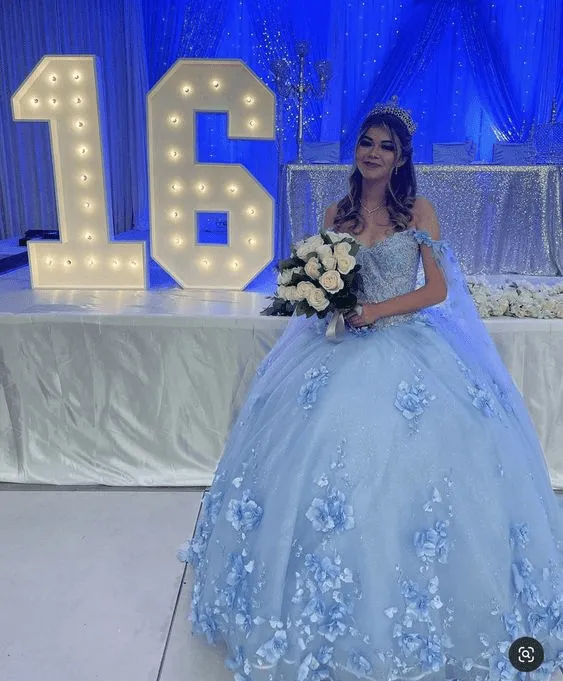 Sky Blue Long Dress 3D Applique Off Shoulder Ball Gown Quinceanera Dresses