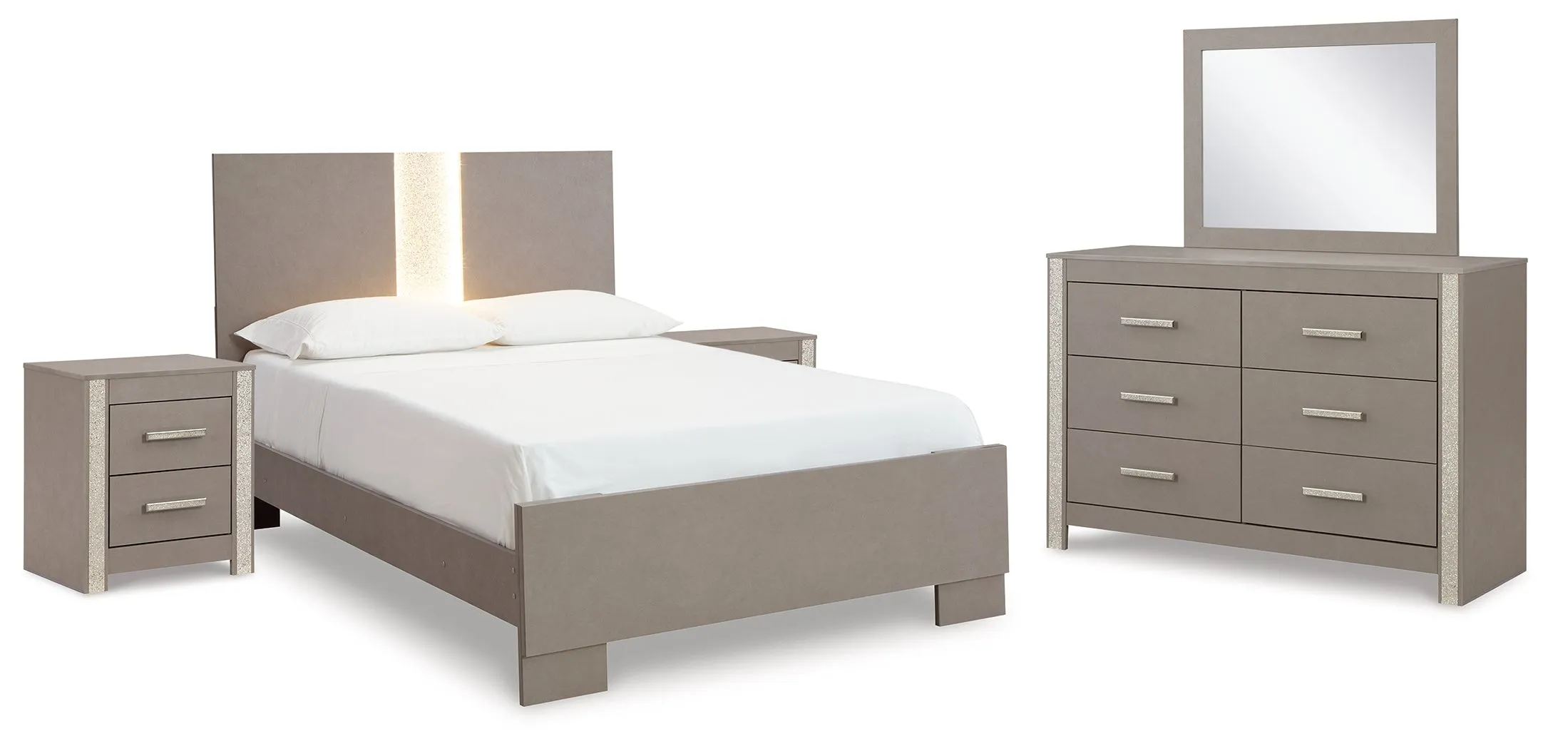 Surancha Queen Panel Bed with Mirrored Dresser and 2 Nightstands in Gray