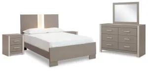 Surancha Queen Panel Bed with Mirrored Dresser and 2 Nightstands in Gray