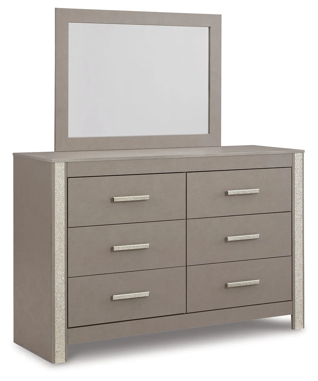Surancha Queen/Full Panel Headboard with Mirrored Dresser and 2 Nightstands in Gray
