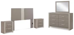 Surancha Queen/Full Panel Headboard with Mirrored Dresser and 2 Nightstands in Gray