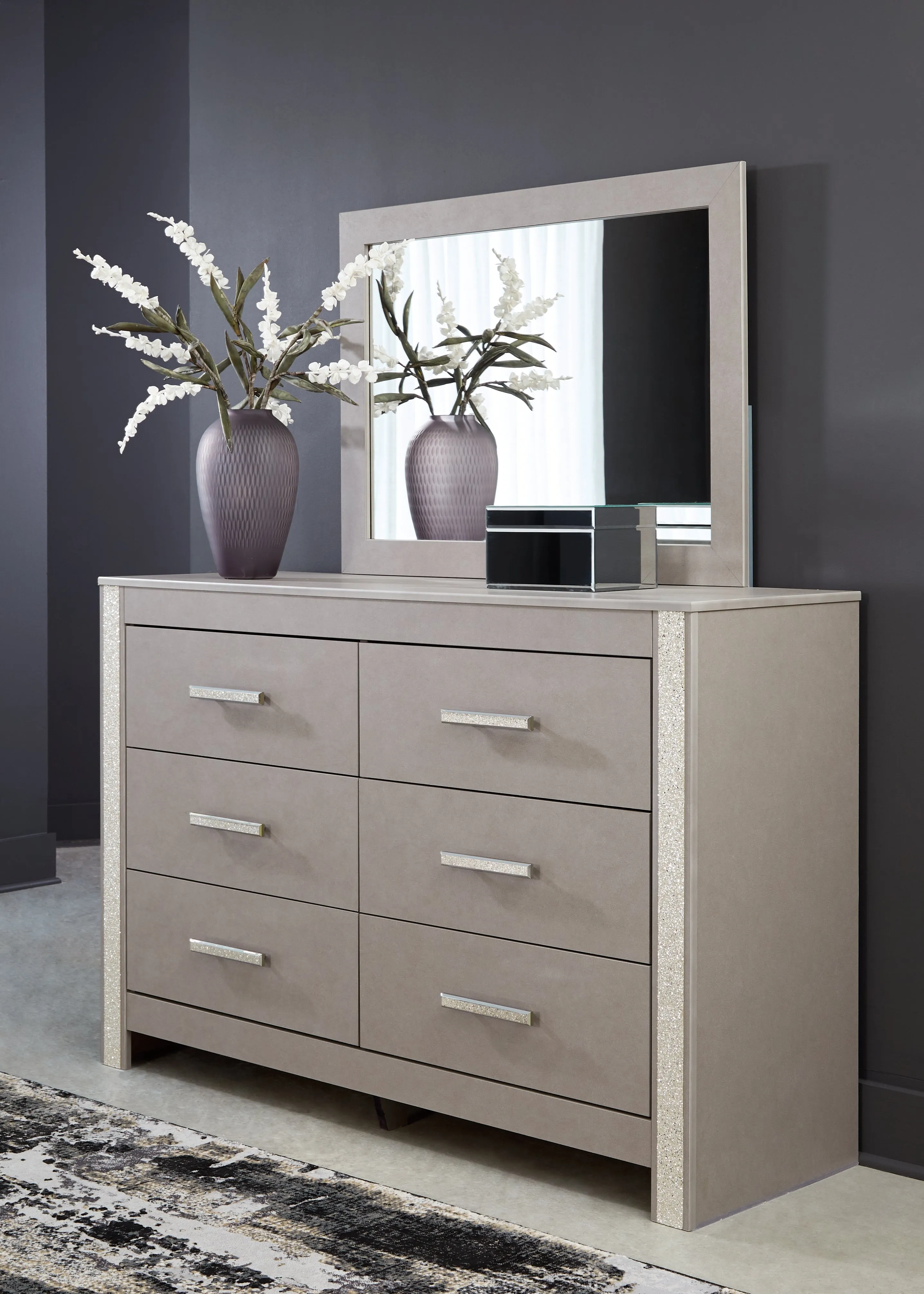 Surancha Queen/Full Panel Headboard with Mirrored Dresser and 2 Nightstands in Gray