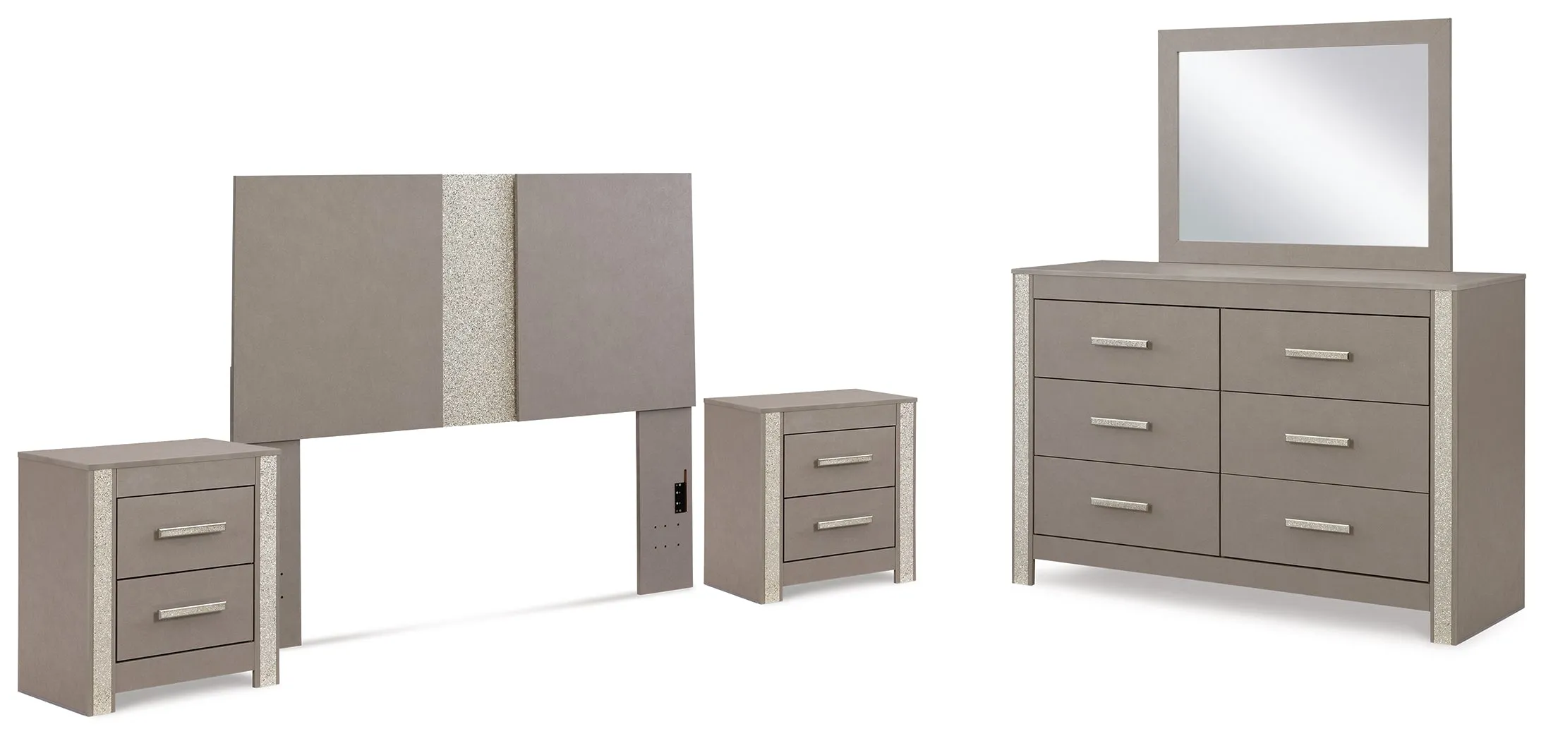 Surancha Queen/Full Panel Headboard with Mirrored Dresser and 2 Nightstands in Gray
