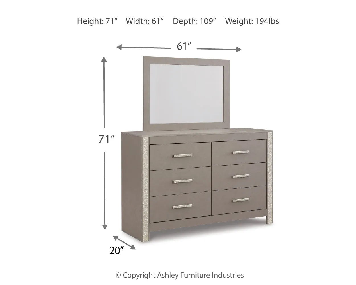 Surancha Queen/Full Panel Headboard with Mirrored Dresser and 2 Nightstands in Gray