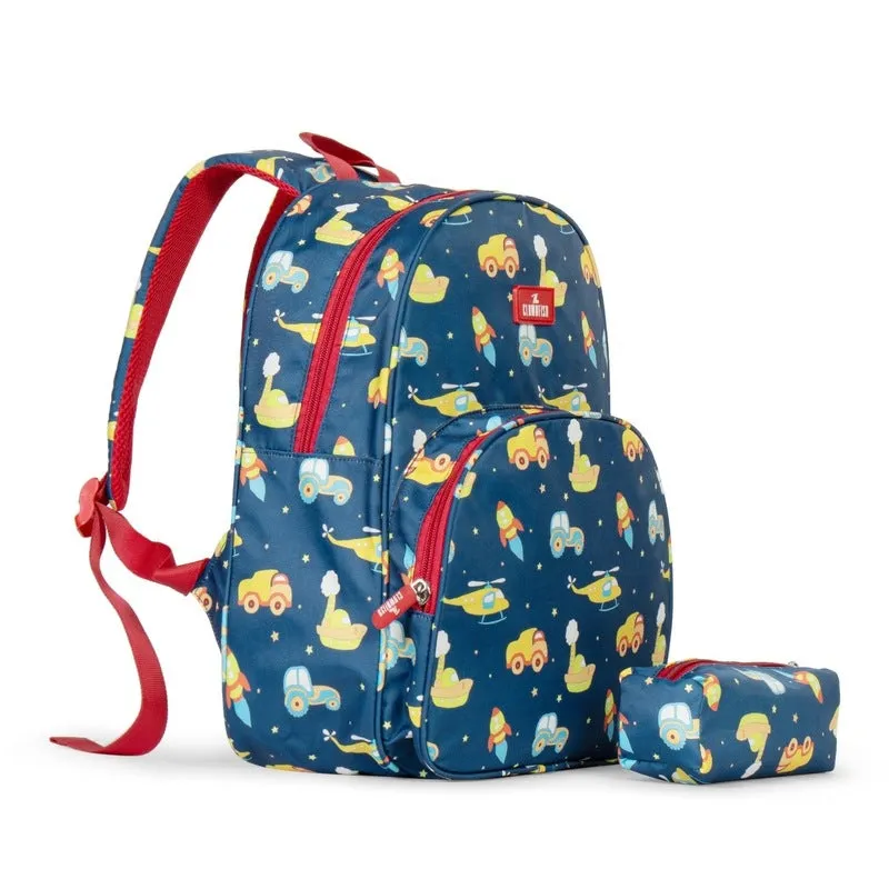 THE CLOWNFISH Cosmic Critters Series Printed Polyester 15 Litres Kids Backpack School Bag with Free Pencil Staionery Pouch Daypack Picnic Bag for Tiny Tots Of Age 5-7 Years (Blue - Helicopter)