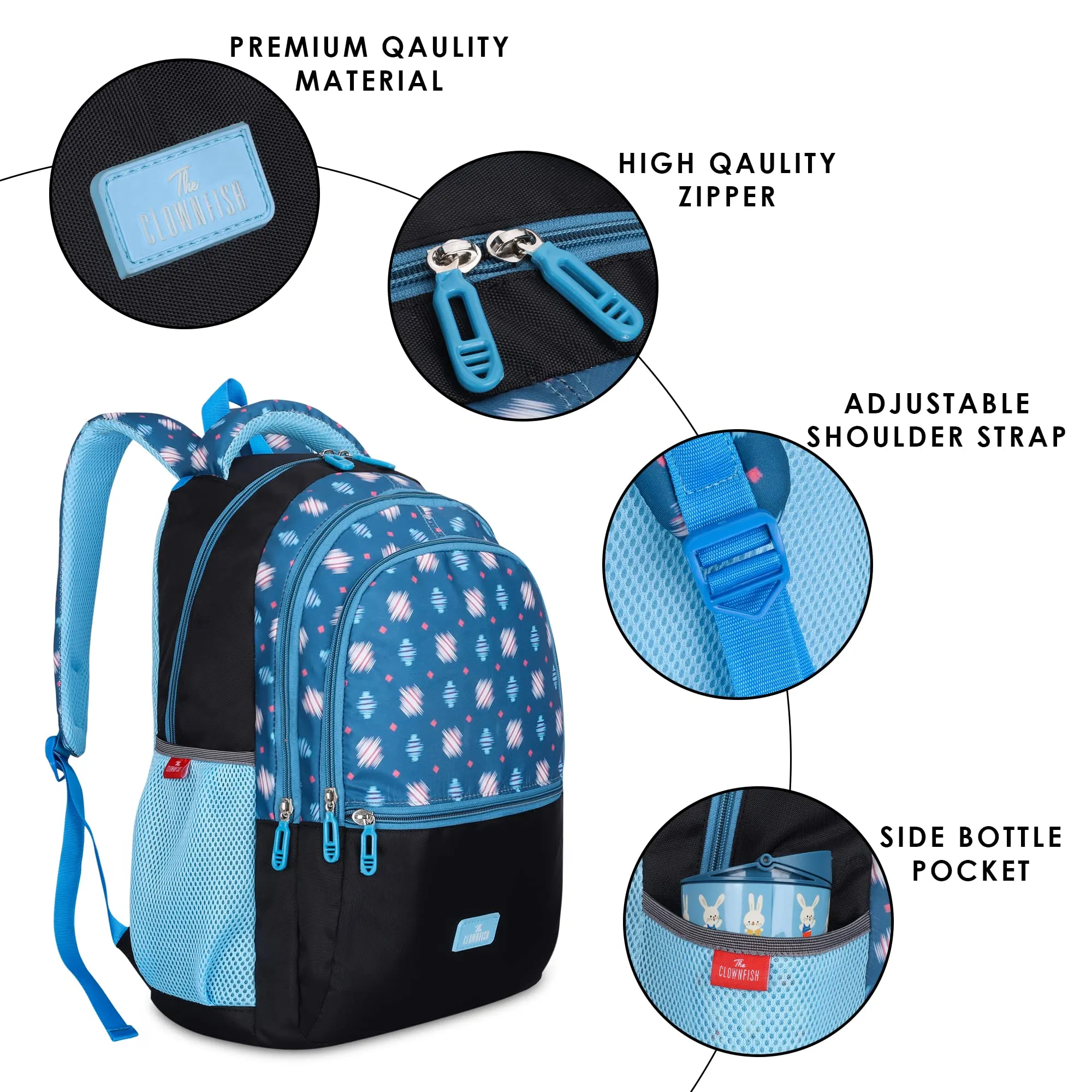 THE CLOWNFISH Edutrek Series Printed Polyester 36 L School Backpack with Pencil/Stationery Pouch School Bag Zip Pocket Daypack Picnic Bag For School Going Boys & Girls Age-10  years (Cerulean Blue)