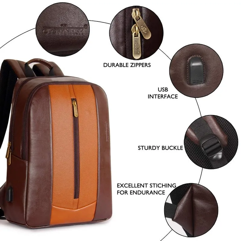 THE CLOWNFISH Hitch Hiker 27L Faux Leather Laptop Backpack | Multiple Pockets | 14-inch | Chocolate