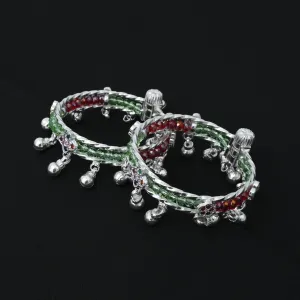 Vibrant Green And Red Beads Silver Leg Kada for Baby Boy & Girl, Khushbu Jewellers