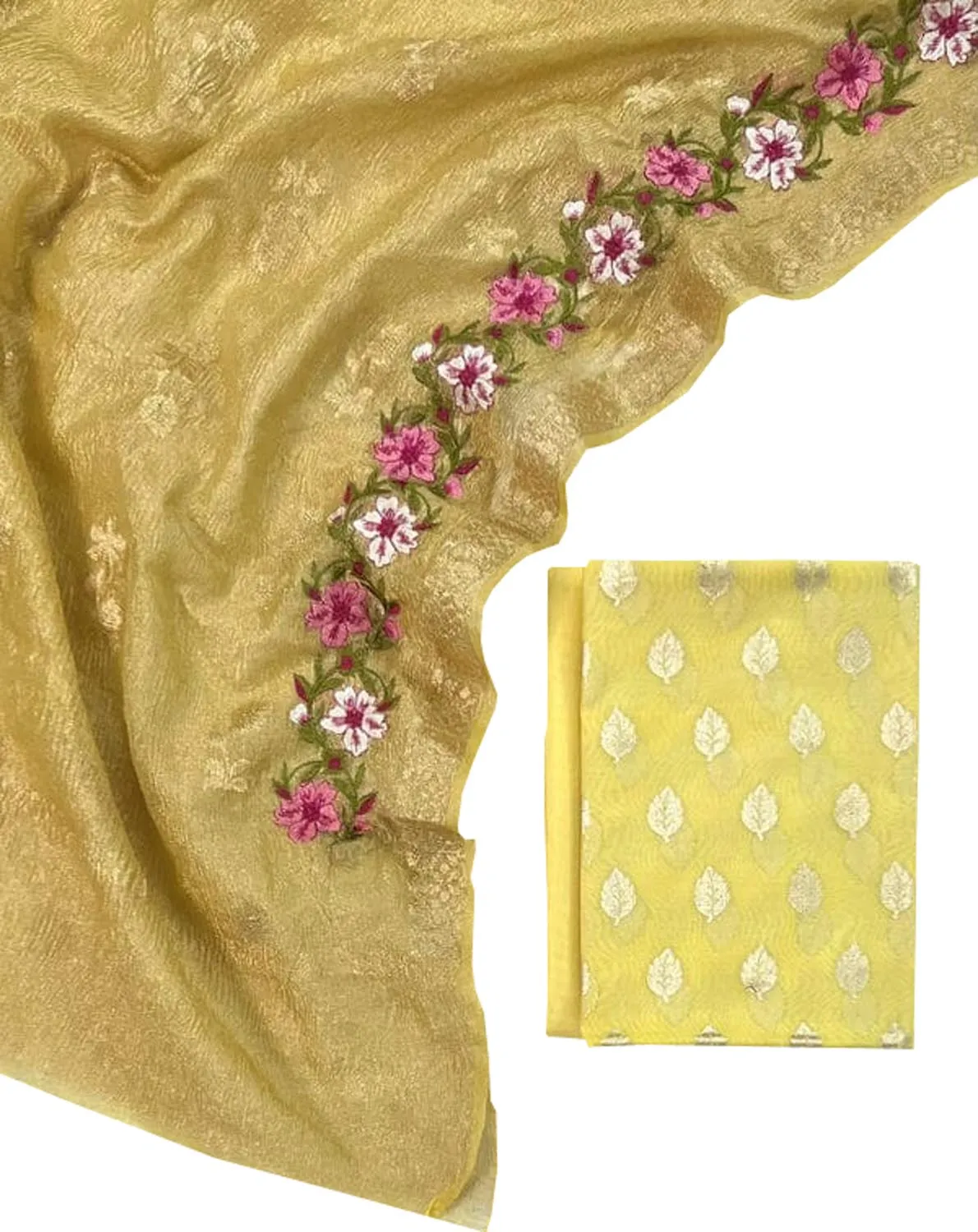 Yellow Banarasi Chanderi Silk Suit Set with Embroidered Dupatta